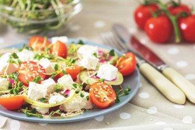 Sağlıklı lezzetli lezzetli salata domates, turp, peynirler, Brüksel lahanası ve susam plaka üzerinde hafif ahşap masa, sığ derinlik-in tarla.