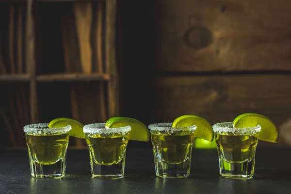 Mexican Gold Tequila Shot Lime Salt Black Stone Table Surface — Stock Photo, Image