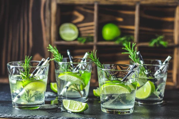 Fresh Cocktail Lime Ice Rosemary Mojito Cocktail Bur Rustic Table — Stock Photo, Image