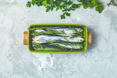 Sardalye veya biberiye ve maydanoz yeşil çanak hafif gri beton masa yüzeyi Tarih ile Baltık Ringa balığı. Metin, düz yatıyordu için yer çiğ çiğ deniz balığı, üstten görünüm Kopyala