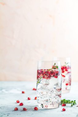 Festival içecekler, cin tonik nar kokteyl veya detoks su buz ile. Seçici odak, kopya alanı için metin, hafif gri beton masa yüzeyi.