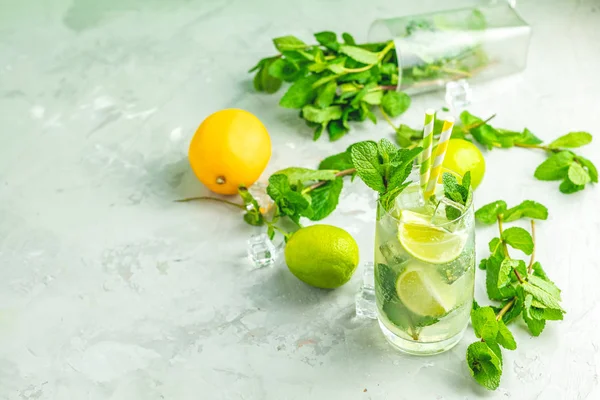 Mojito Cocktail Mit Limette Und Minze Highball Glas Auf Grauem — Stockfoto