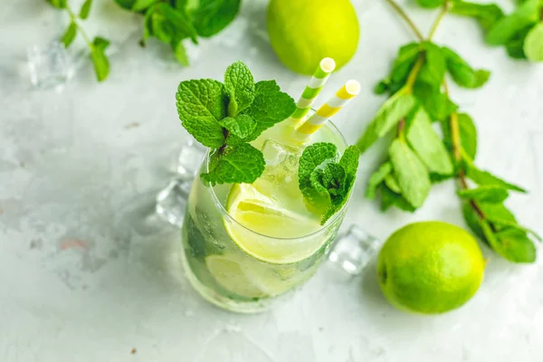 Mojito Cocktail Mit Limette Und Minze Highball Glas Auf Grauem — Stockfoto