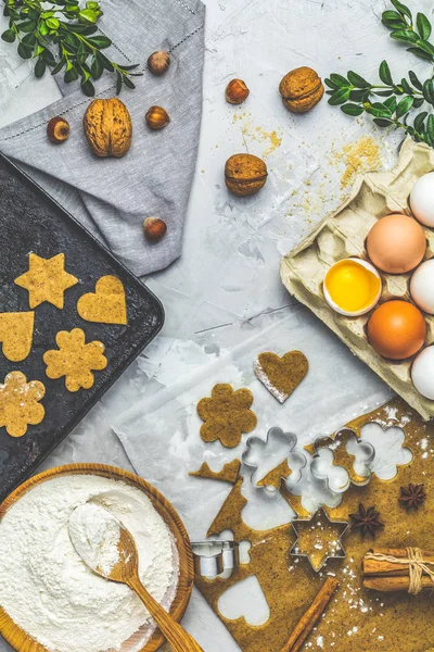 Culinario Primavera Navidad Fondo Comida Ingredientes Para Galletas Jengibre Masa —  Fotos de Stock