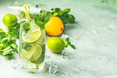 Mojito kireç ve highball cam bir gri ve Yeşil Beton taş yüzey zemin üzerine nane kokteyli. Metniniz için kopya alanı ile