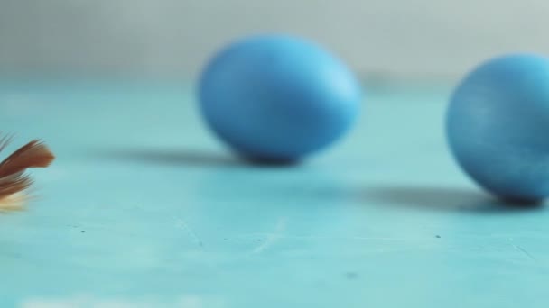 Blue Easter Eggs Candles White Hyacinth Blue Concrete Table Surface — Stock Video