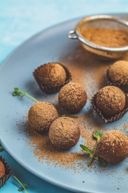 Kakao topları, el yapımı çikolata kek içinde mavi bir tepsi topları.