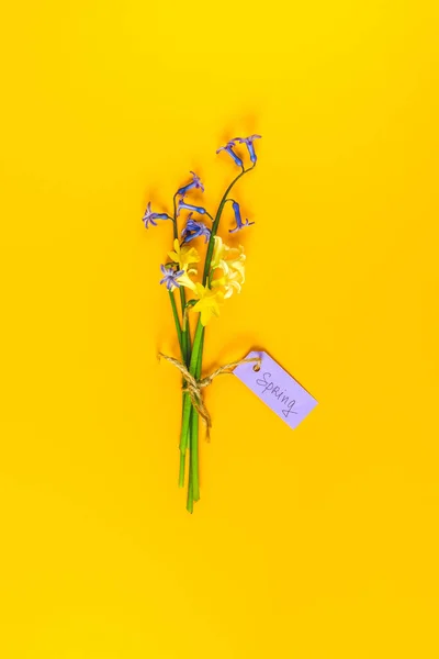 Strauß Frühlingsblüte Blumen über gelbem Hintergrund — Stockfoto