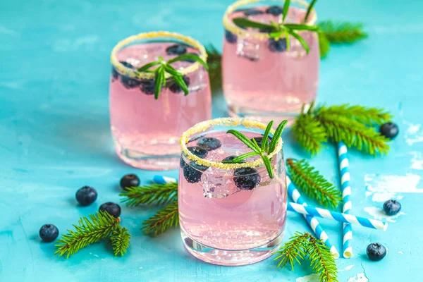 新鲜的蓝莓鸡尾酒，迷迭香和冰在玻璃杯d — 图库照片