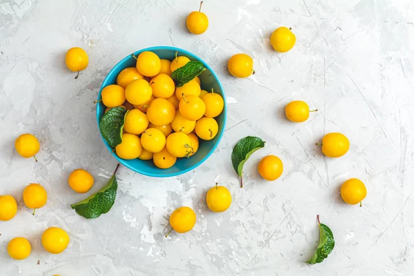 Patrón creativo de verano hecho de ciruelas frescas de cereza amarilla en blu —  Fotos de Stock