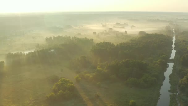 Vista Aérea Sobre Valle Con Niebla Amanecer Drone Lento Que — Vídeos de Stock