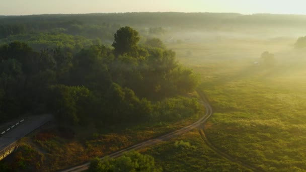 日出时分 空中俯瞰着一片雾蒙蒙的山谷 缓慢的无人驾驶飞机飞越夏季的河流 草地和森林 阳光在浓雾中闪烁着 — 图库视频影像