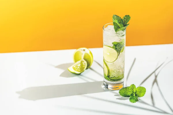 Färsk Mojito Cocktail Med Lime Och Mynta Highball Glas Med — Stockfoto
