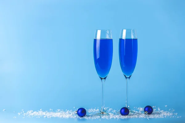Two Wineglasses Blue Champagne Blue Background Christmas New Year Decor — Stock Photo, Image