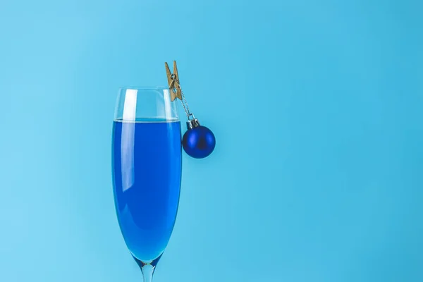 Wineglass Blue Champagne Blue Background Christmas New Year Decor Shallow — Stock Photo, Image