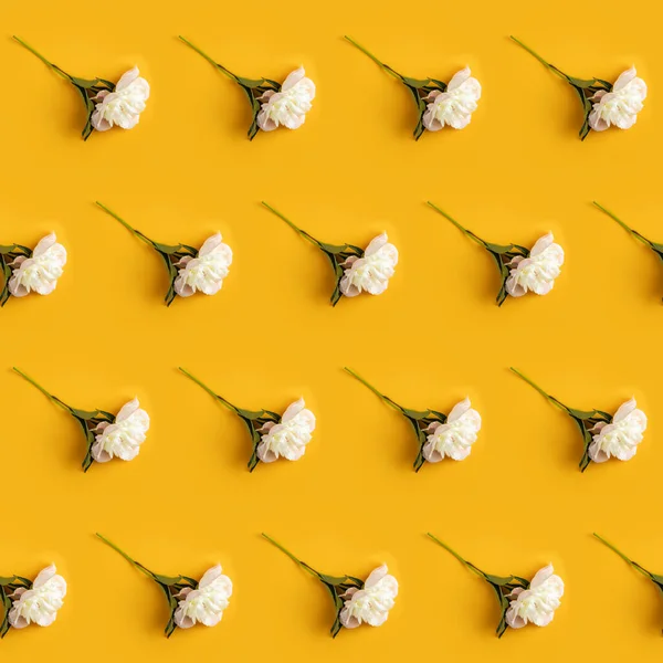 stock image Creative layout made with white peony flowers on yellow background. Flat lay. Flower composition