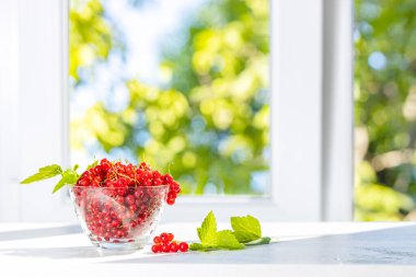 Olgun kırmızı frenk üzümü, su damlaları ve cam kapta yeşil yapraklar. Dul yakınındaki beyaz ahşap masada. Dışarıda yeşil güneşli bahçe Pencerenin arkasında odaklan. 