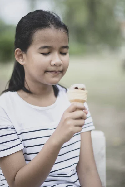 Close Face Asian Teenager Icecream Cone Hand — Stock Photo, Image