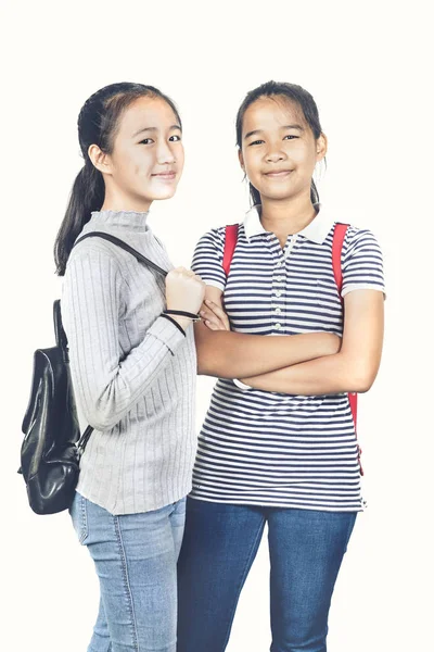 Alegre Asiático Adolescente Con Escuela Mochila Pie Con Sonriente Cara — Foto de Stock