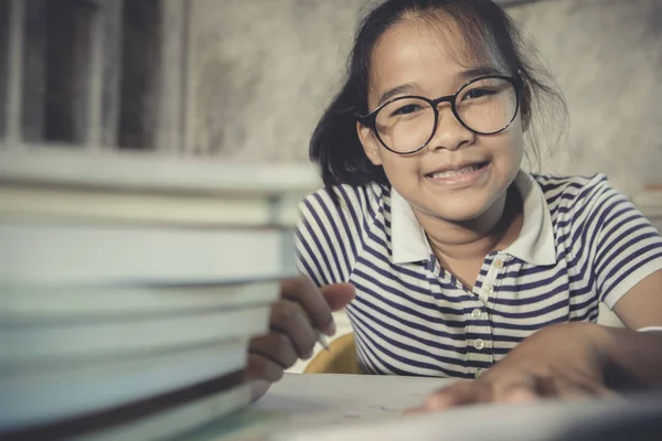 Asian Teenager Wearing Eye Glasses Doing Home Work Stack School — Stock Photo, Image