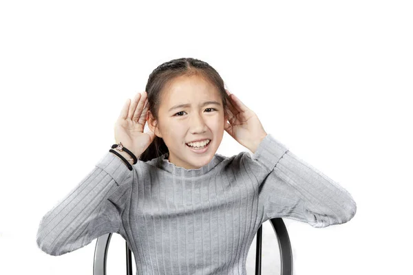 Asiatische Teenager Heben Die Hand Nach Oben Hören Isoliert Weißen — Stockfoto