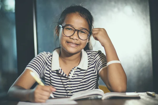 Asian Teenager Wearing Eye Glasses Doing Home Work Stack School — Stock Photo, Image