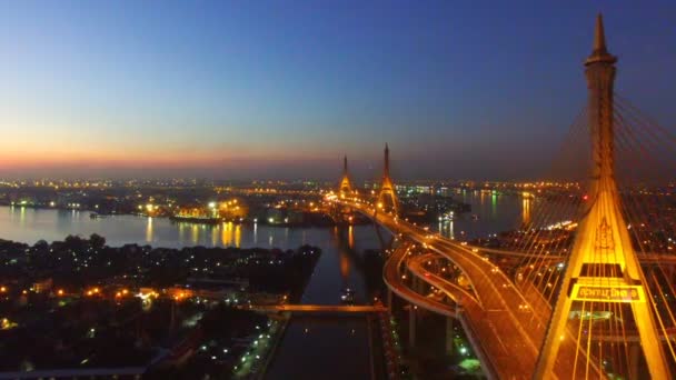 Aerial View Bhumiphol Bridge Crossing Chaopraya River Important Landmark Traffic — Stock Video