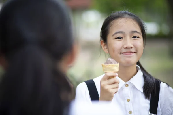 Asian Teenager Eating Icecream Happiness Face — Stock Photo, Image