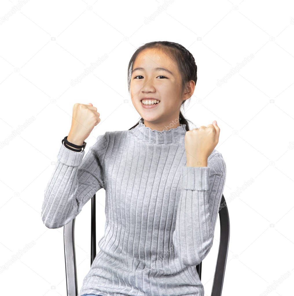 portrait of asian teenager joyful happiness emotion ,successful  acting isolate white background