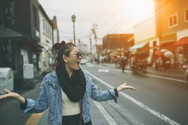 Asiático Viajante Felicidade Emoção Otaru Rua Dos Mais Populares Viagem — Fotografia de Stock