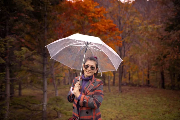 Aasialainen Nainen Hymyilevät Kasvot Sateenvarjo Seisoo Punainen Syksyn Lehdet Hokkaido — kuvapankkivalokuva