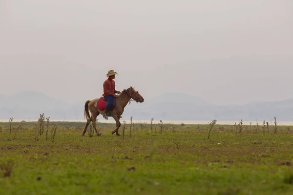 País Homem Montando Cavalo Volta — Fotografia de Stock