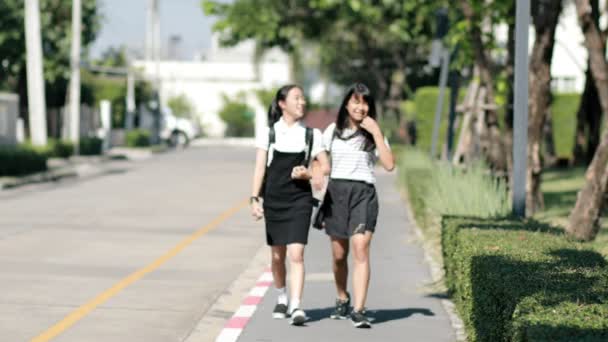 Zwei Asiatische Teenager Fuß Dorfstraße — Stockvideo