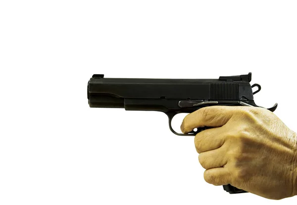 Χέρι δείχνοντας αυτόματο σύντομο όπλο απομονωμένο λευκό φόντο — Φωτογραφία Αρχείου