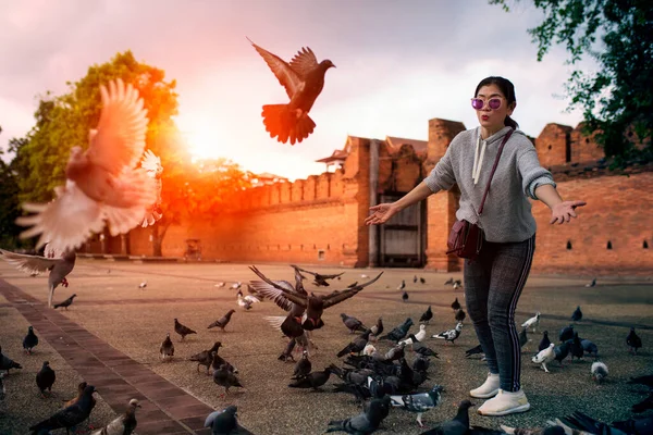 Tayland Kuzeyindeki Chiang Mai Asyalı Kadın Uçan Güvercin — Stok fotoğraf