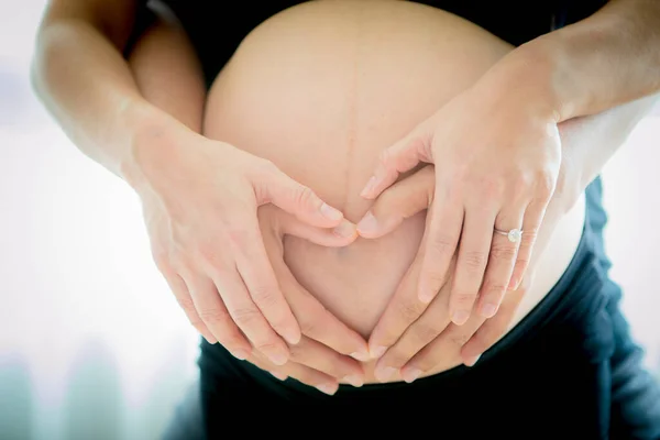 Close Pregnant Belly Husband Hand — Stock Photo, Image