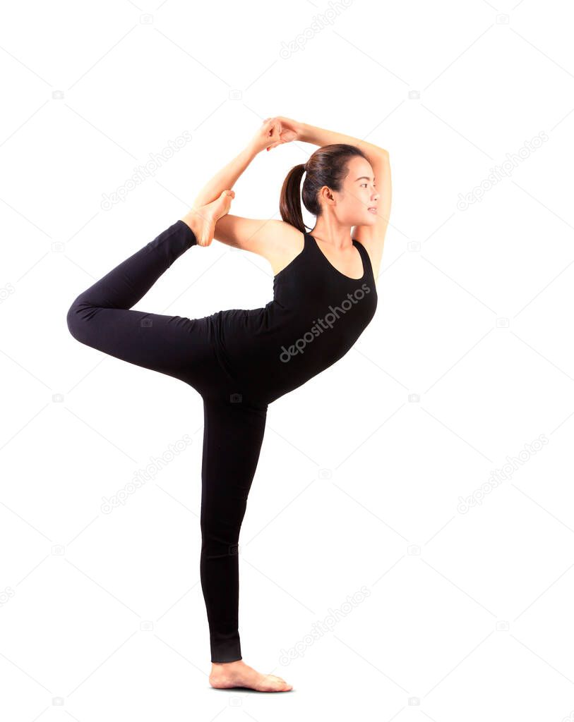 woman wearing black yoga suit standing pose isolated white