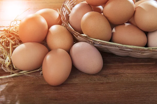 Stack Raw Eggs Natural Basket Wood Table — Stock Photo, Image