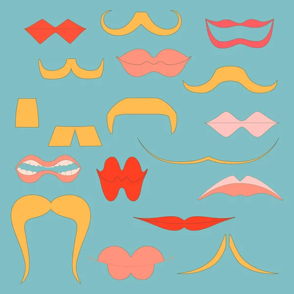 Conjunto com ícones coloridos de bigodes e lábios —  Vetores de Stock