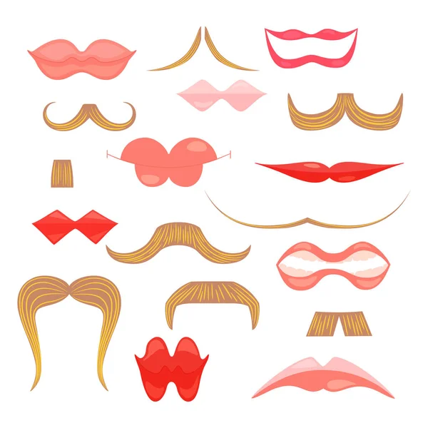 Set con iconos planos de bigotes y labios — Archivo Imágenes Vectoriales