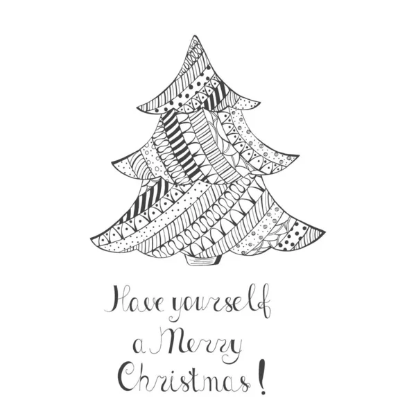 Kerstboom met patroon en handgeschreven wensen — Stockvector