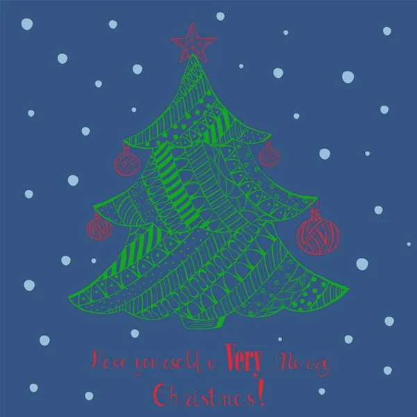 Kerstkaart met versierde dennenboom — Stockvector