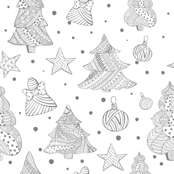 Grayscale Seamless with Christmas Fir Trees, Παιχνίδια — Διανυσματικό Αρχείο