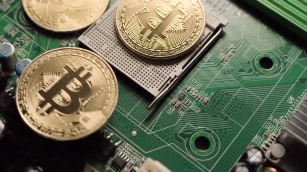 Crypto currency Gold Bitcoin - BTC - Bit Coin. Bitcoins on the motherboard. — Stock Video