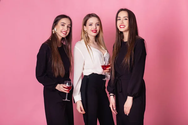 Three Beautiful Girls Celebrate Corporate Party Drinking Wine Girls Posing — Stock Photo, Image