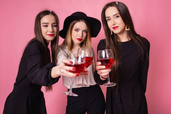 Three Beautiful Girls Celebrate Successful Completion Project Drinking Wine Bright — Stock Photo, Image