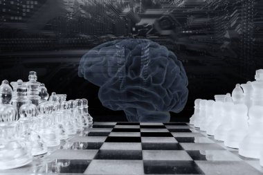 computerized chess-game, human brain schematic, AI,  artificial intelligence and communication clipart