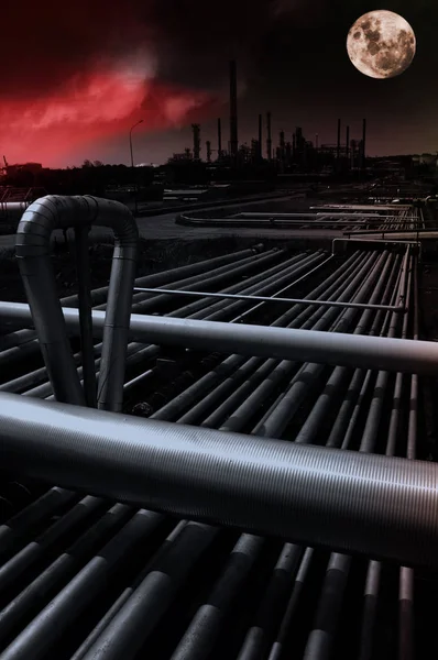 Und Gasindustrie Raffinerie Und Petrochemische Industrie Späte Nachtaufnahme Bei Vollmond — Stockfoto