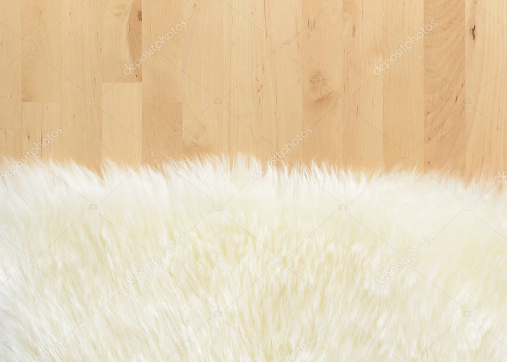 textured of real white cream wool sheep on Birch wood background