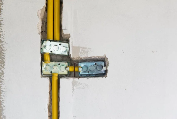 Chiudere Scatola Acciaio Presa Elettrica Installazione All Interno Muro Muratura — Foto Stock